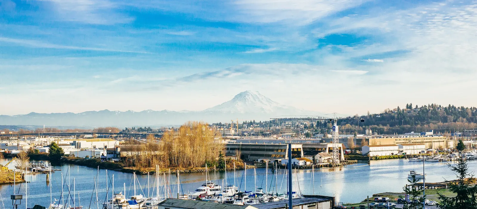 Mount Rainier above the Foss Waterway marina in Tacoma