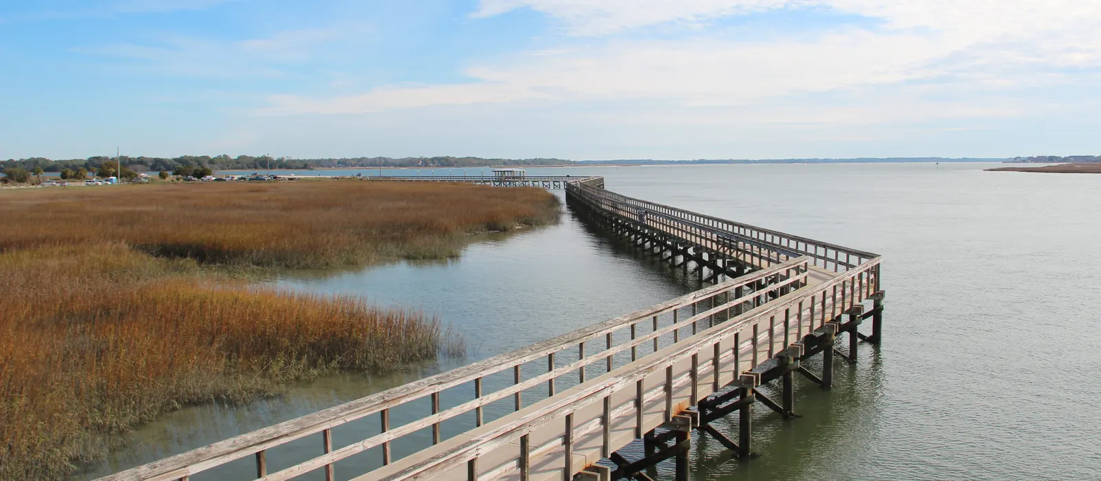 The Sands Beach boardwalk over the marsh at Port Royal
