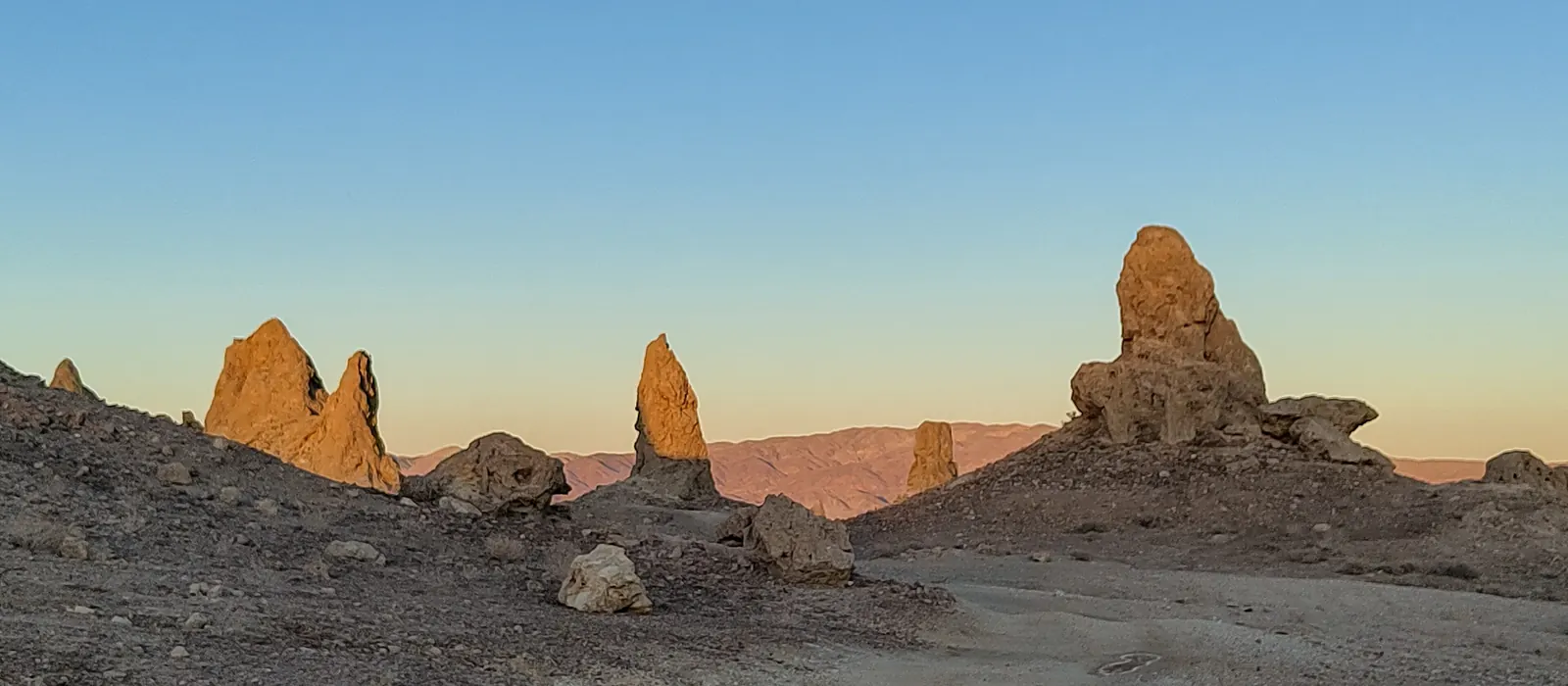 Golden light on the Trona Pinnacles in the desert