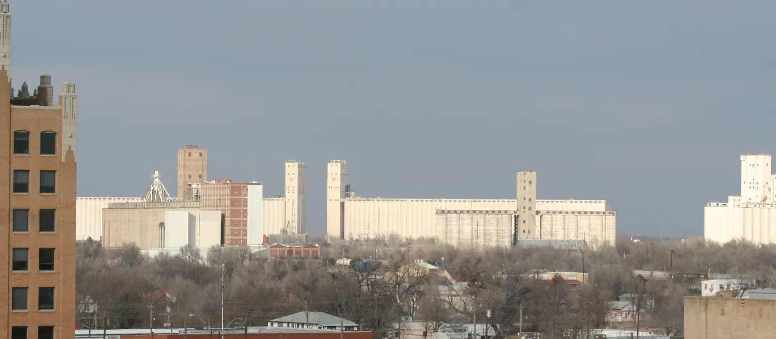Grain elevators over downtown Enid